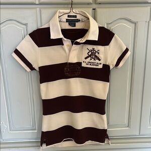 Ralph Lauren Women’s Striped Polo Shirt - Maroon & White-Like New